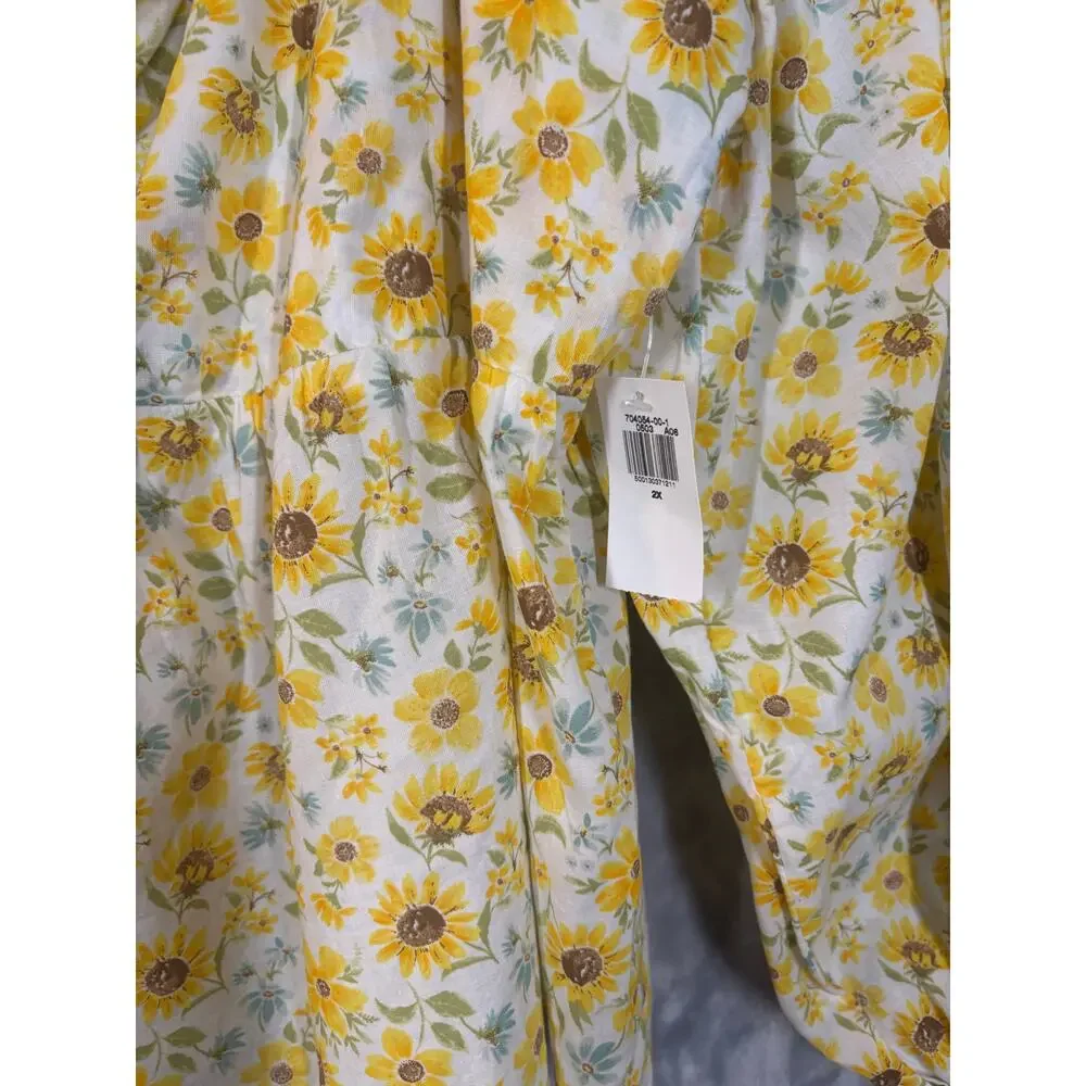 NWT Old Navy Cotton Sunflower Print‎ Babydoll Peasant Top Smocked 2X Blouse Plus